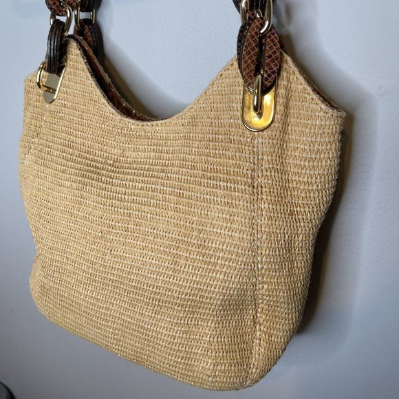 MICHAEL KORS STRAW SHOULDER BAG W/ REPTILE LEATHER TRIM GOLD TONE HARDWARE Boho - Picture 5 of 10